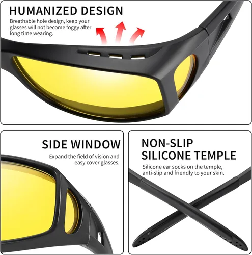 Vista 82 de Night Vision Driving Glasses for Men & Women - Polarized Anti Glare Fit Overs with Wrap-Around HD Yellow Lens