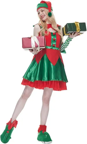 Vista 2 de FantastCostumes Disfraz de elfo de Navidad para mujer, disfraz de Papá Noel