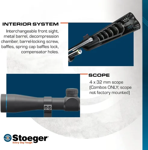 Vista 4 de Stoeger XM1 PCP Airgun, alcance y bomba manual Combo - Calibre .22 - Sintético negro con mira de fibra óptica y alcance 4 x 32