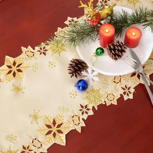 Vista 3 de Caminos de mesa bordados con copos de nieve para Navidad e invierno (dorado, 14 x 90 pulgadas)
