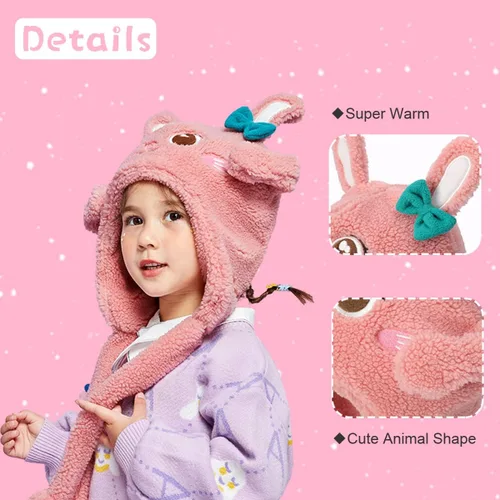 Vista 3 de Sombrero de invierno para niños, gorro de felpa para mover las orejas, resistente al viento, cálido forro polar para niños y niñas en clima frío