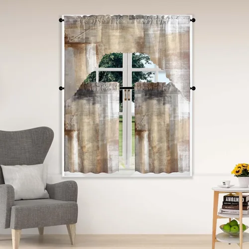 Vista 13 de Blue & Swag - Juego de 3 cortinas para ventana de cocina, cenefa de arte abstracto gris con bolsillo para barra para cocinas modernas