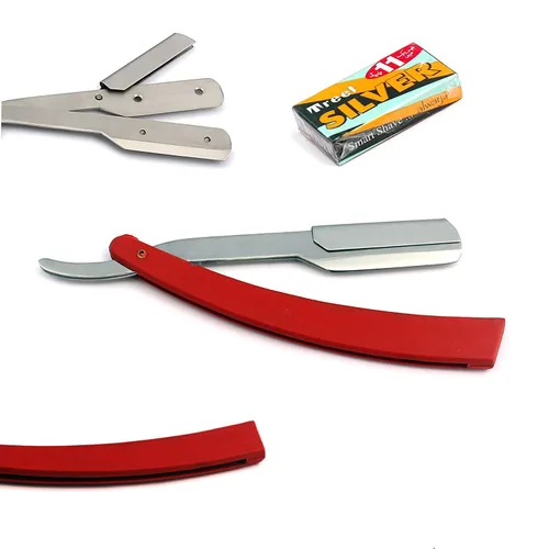 Vista 7 de OdontoMed2011® Rastrillos profesionales rectos de acero con borde de barbero plegable para afeitar, rastrillo de afeitado doble (mango negro)