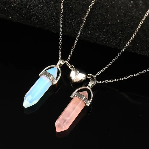 Vista 5 de Crystal Friendship Matching Couples Necklaces for Women Men with Magnetic Heart Charm, Dainty Rose Quartz Best Friends BFF Necklace for 2 Girls