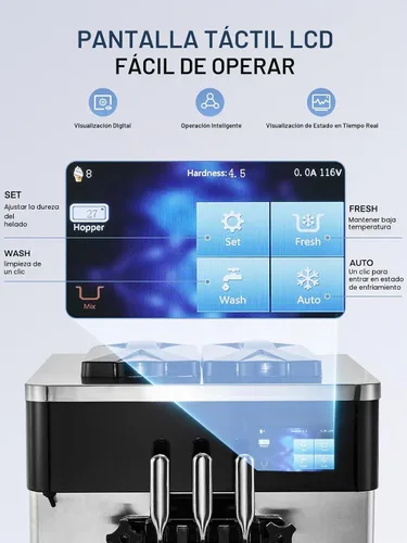 Vista 5 de Máquina de helado comercial de 5.8-7.9 galones/h, 3 sabores suaves con tolva de 14 L, máquina de helado de limpieza automática con panel LCD táctil