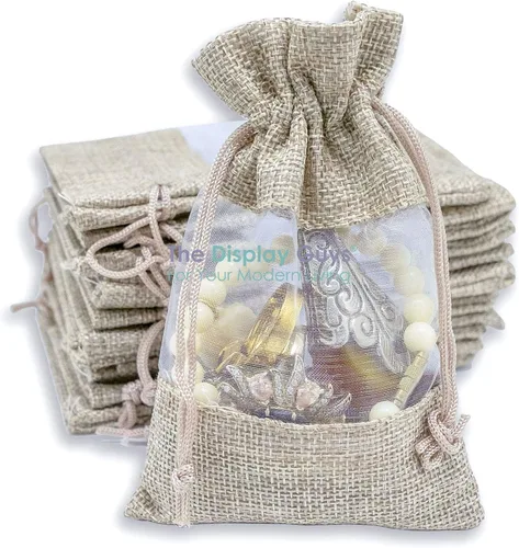 Vista 17 de TheDisplayGuys para tu vida moderna - Paquete de 12 bolsas de regalo pequeñas de arpillera de lino y organza con cordones (8.9x14 cm, gris)