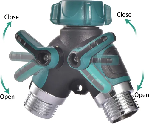 Vista 2 de Divisor de manguera de 2 vías en Y conector con cómodo agarre de goma y parte superior giratoria de 360 ° de conexión rápida para manguera de Verde