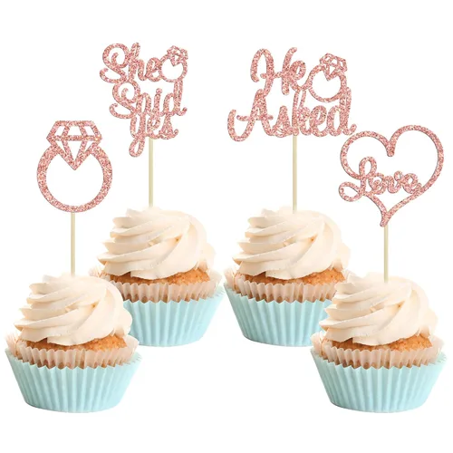Vista 11 de Gyufise Paquete de 24 adornos para cupcakes con purpurina negra con la frase "He Asked She Said Yes" para cupcakes, anillos de corazón con purpurina