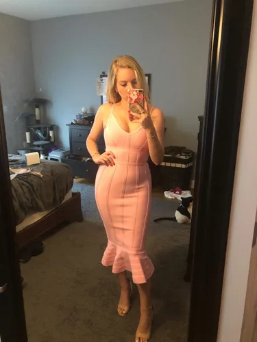 Vista 6 de Maketina - Vestido tipo sirena con tirantes delgados y cuello en V para mujer, vestido midi ajustado estilo bandage, ideal para cóctel