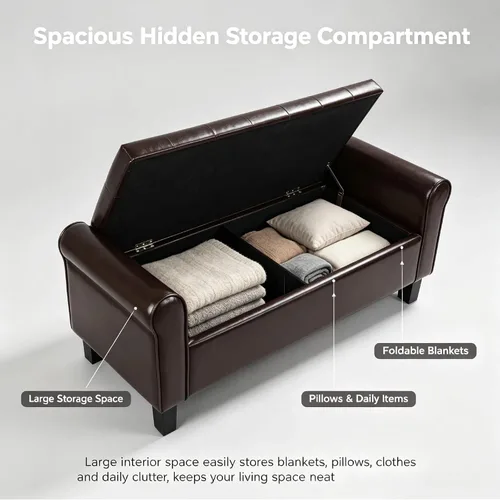 Vista 3 de 51 Inch Brown Faux Leather Storage Ottoman Bench with Rolled Armrests Leather-brown-51 Inch