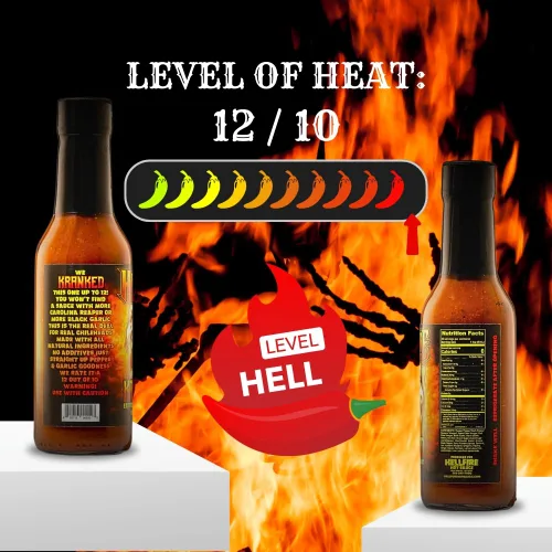 Vista 3 de Hellfire Hot Sauce Kranked - Salsa picante gourmet de ajo negro y Carolina Reaper, presentada en el programa de televisión Hot Ones, 5 onzas.