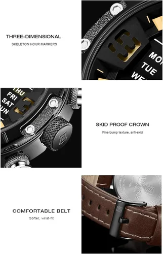 Vista 6 de NAVIFORCE Reloj deportivo digital para hombre, de cuero, cuarzo, impermeable, militar, cronógrafo, despertador, relojes de pulsera