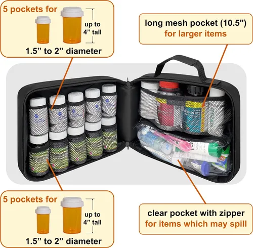 Vista 2 de Organizador de frascos de píldoras acolchado grande, bolsa de medicamentos, estuche, portador para medicamentos, vitaminas y suministros médicos