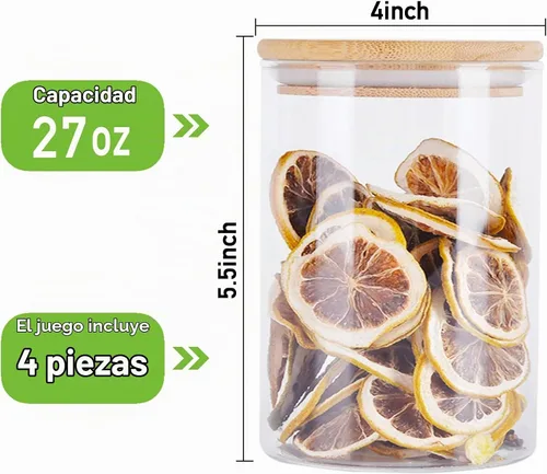 Vista 2 de Aoeoe Paquete de 4 tarros de almacenamiento de vidrio con tapa hermética de bambú, recipientes de cocina de vidrio de 27 onzas, recipiente