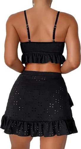 Vista 2 de FlatterMe Conjuntos de tankinis para mujer, traje de baño de bikini con nudo frontal y dobladillo con volantes