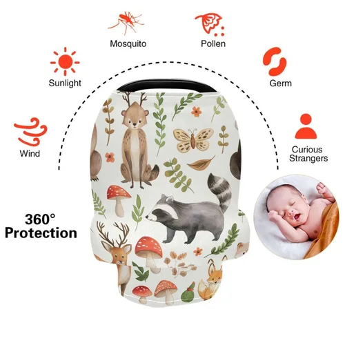 Vista 4 de Blueangle - Funda para asiento de coche con diseño de animales de bosque, elástica y suave, para lactancia materna, multiusos, transpirable