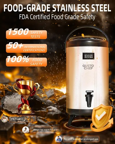 Vista 2 de Dispensador de bebidas aislado – Dispensador térmico de té frío y caliente – Acero inoxidable de 12 L/3.2 galones con espita para té, café, leche