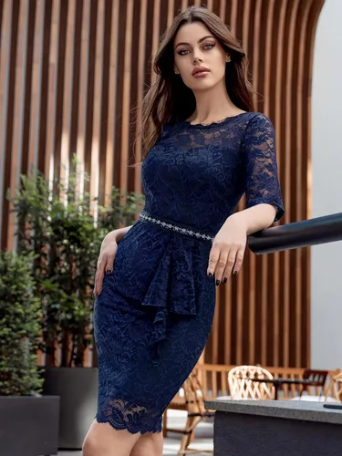 Vista 3 de Miusol Vestido de cóctel de media manga con encaje floral elegante para mujer