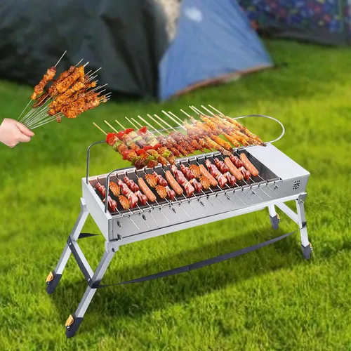 Vista 3 de Parrilla de carbón eléctrica USB, parrilla giratoria automática de acero inoxidable plegable con 17 varillas de asado para acampar al aire libre