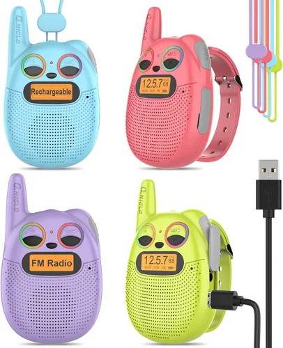 Vista 9 de Qniglo Walkie Talkies para niños recargables, paquete de 2 unidades, juguetes de regalo de Navidad y cumpleaños para niños de 3 a 12 años
