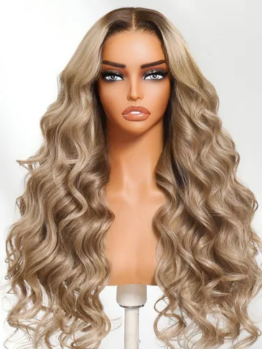 Vista 27 de Julia Hair Peluca de cabello humano ondulado degradado 12A con reflejos en V, parte en U, sombra y raíz, balayage, sin pegamento, cabello virgen