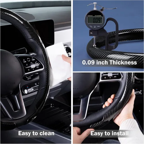 Vista 5 de Funda para volante de automóvil de fibra de carbono a presión, accesorios para volante, envoltura 14.5-15 pulgadas, agarre universal antideslizante