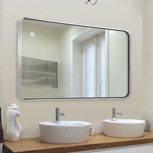 Vista 66 de Espejo de latón para baño, espejo rectangular redondeado de 22x30 pulgadas con marco de metal cepillado dorado, espejo de tocador de baño sin