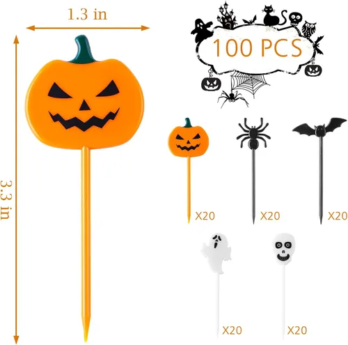Vista 2 de 100 palillos de dientes de plástico para Halloween, decoración de cupcakes, decoración de tartas, para aperitivos de frutas, suministros de fiesta