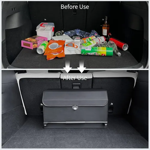 Vista 5 de Organizador de maletero de automóvil, mango de empujar y tirar, plegable de cuero, 2 compartimentos organizadores de automóvil con tapa, organizador