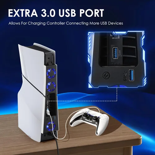Vista 4 de Quiet Cooling Fan Station for PS5 Slim with Blue Light & USB 3.0 Hub, 2-Level Speed Cooling Stand Accessories for PS5 Console Slim,3 fans Digital