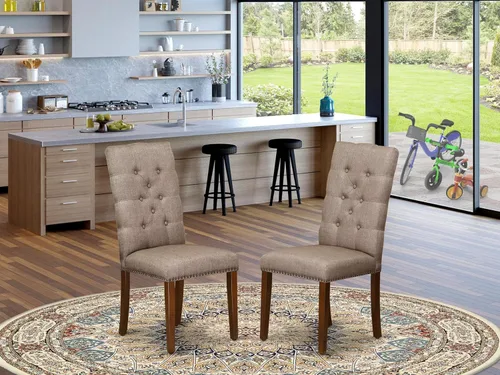 Vista 2 de East West Furniture ELP3T16 Elsa Parson - Juego de 2 sillas de comedor tapizadas de tela de lino color caqui oscuro con ribete de cabeza de clavo