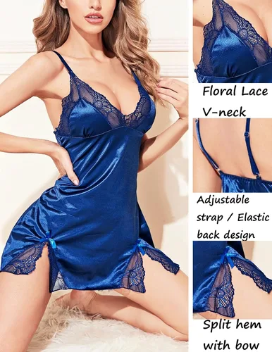 Vista 2 de Holagift Women Sexy Lingerie Sleepwear V Neck Satin Lace Chemise Nightgown