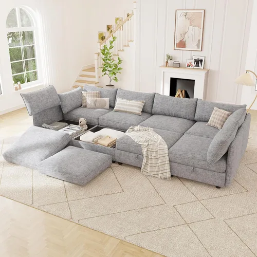 Vista 36 de 95.5" Sofá seccional modular de chenilla con almacenamiento oculto, sofá cama convertible en forma de L y U, sofá seccional moderno de 6 plazas