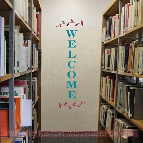 Vista 4 de Calcomanía vertical de bienvenida de vinilo con letras de laurel, decoración de pared, 10 x 30 pulgadas, baya/verde azulado