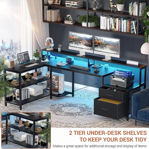Vista 8 de Aheaplus Escritorio en forma de L con cajón de archivos, escritorio reversible en forma de L para computadora de 72.8" con toma de corriente