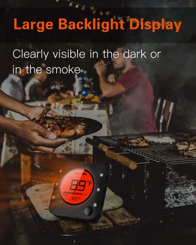 Vista 5 de BFOUR Termómetro de carne inalámbrico Bluetooth, termómetro digital LCD para carne con doble sonda, termómetro remoto inalámbrico para ahumador