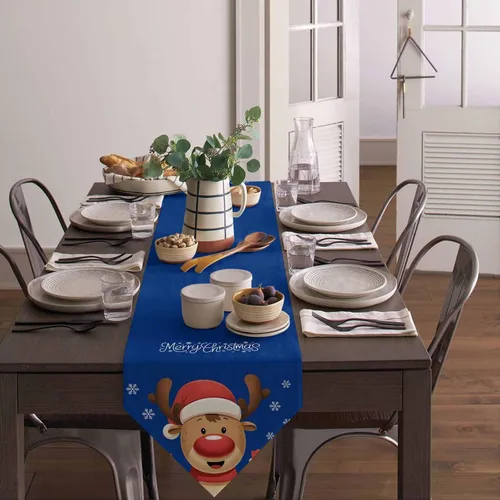 Vista 2 de Camino de mesa azul con alce navideño – 120 pulgadas de largo, copo de nieve de invierno, decoración de mesa de comedor para cocina, granja, Alce