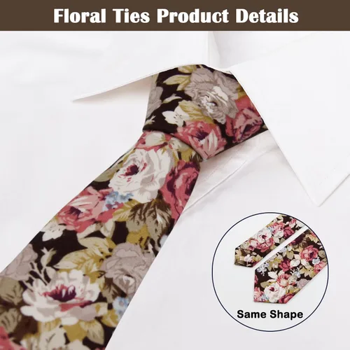 Vista 2 de Corbata de algodón floral para hombre, corbata delgada impresa de 2.56'' 01-Bean Pasta Rosa