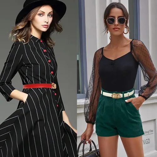 Vista 38 de Cinturón de cuero clásico con hebilla de metal para mujer con vestido de jeans