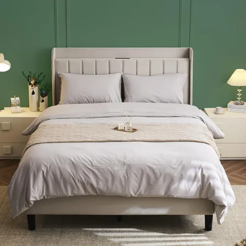 Vista 21 de VINGLI Base de cama individual para niños, cama de plataforma tapizada Boucle con cabecera ajustable, soporte de listones de madera resistente, cama