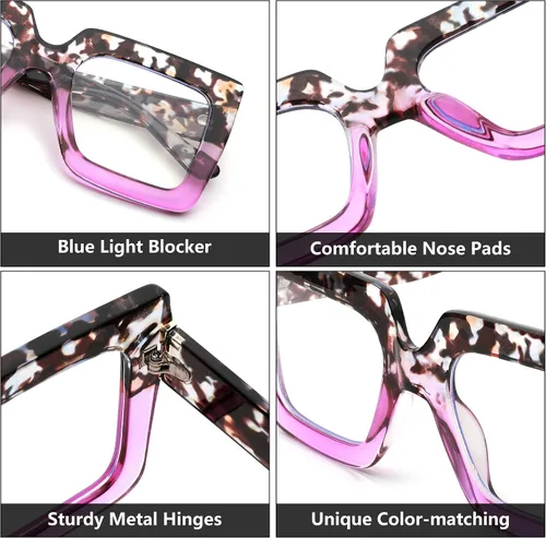 Vista 5 de Gafas de luz azul de gran tamaño para mujer, marco cuadrado grueso, elegantes gafas sin receta