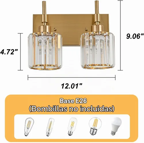 Vista 3 de 2 lámparas modernas de cristal dorado para tocador de baño sobre espejo