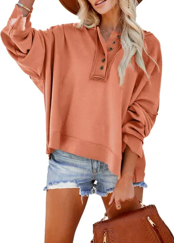 Vista 6 de Dokotoo - Sudaderas con capucha para mujer 2024, estilo de otoño, con cuello en V, botones, manga larga, sudaderas con capucha de moda Negro
