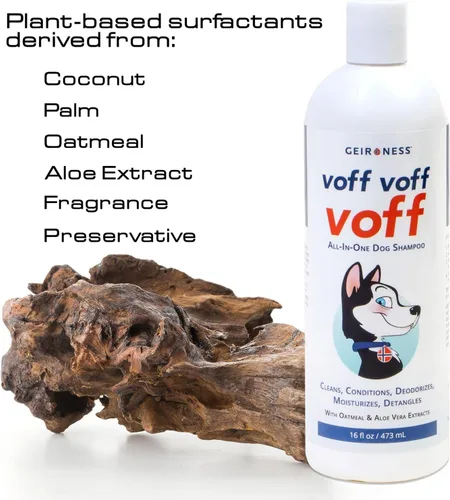 Vista 3 de Voff Voff Voff Champú todo en uno para perros de Geir Ness – Fórmula natural de avena y aloe con coco y extracto de palma datilera – Limpia