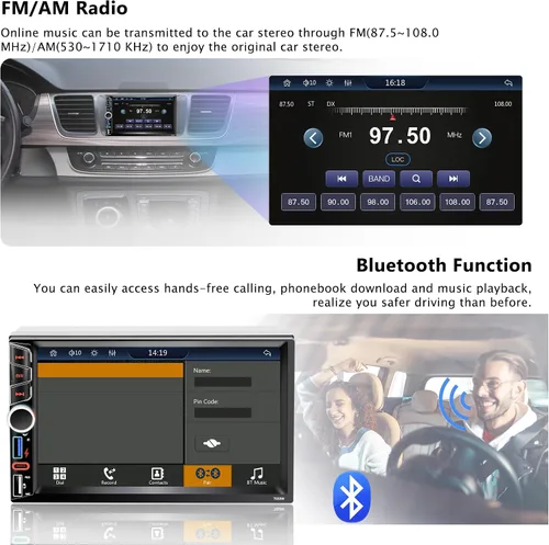 Vista 4 de Estéreo de coche doble DIN de 7 pulgadas compatible con Apple Carplay Android Auto inalámbrico Bluetooth 5.2 Salidas de 180 W Subwoofer FM