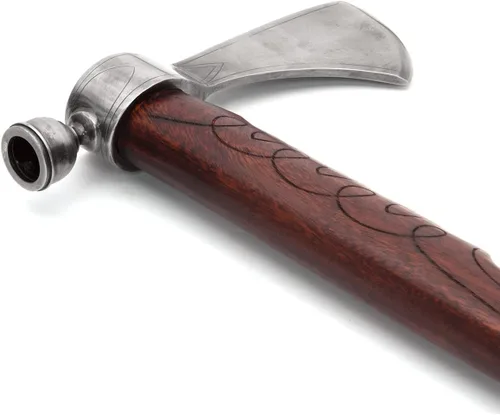 Vista 4 de Hacha forjada a mano Tomahawk de acero de alto carbono con mango de madera tallada a mano y linework adornado Reproducción histórica funcional