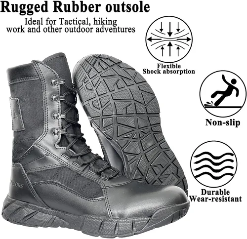 Vista 4 de Botas militares tácticas ligeras para hombre, botas de combate con cremallera lateral anticolisión con cordones para senderismo al aire libre