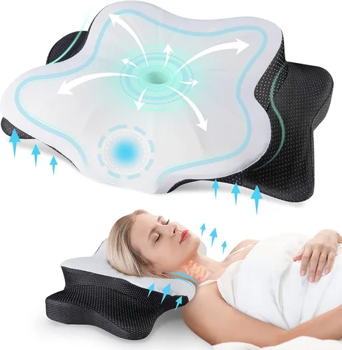 Vista 20 de DONAMA - Almohada cervical para cuello y hombros, diseño de espuma viscoelástica contorneado, soporte ergonómico para dormir de lado, espalda o boca