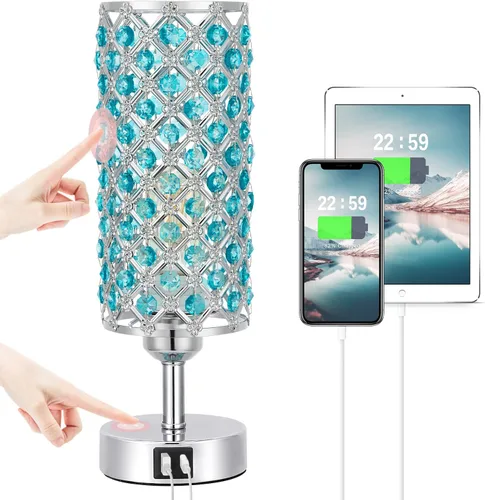 Vista 16 de Lámpara de mesa de cristal, lámpara dorada para dormitorio con puertos de carga USB-C y USB-A, luz regulable de 3 vías con pantalla de cristal