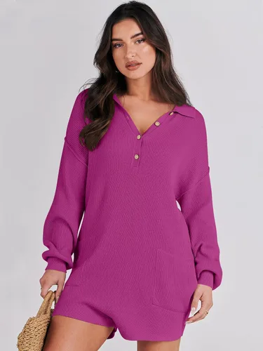 Vista 9 de ANRABESS Enterizo de suéter para mujer, trajes de otoño 2023, a la moda, largo, Henley, cuello en V, overol de punto para descansar